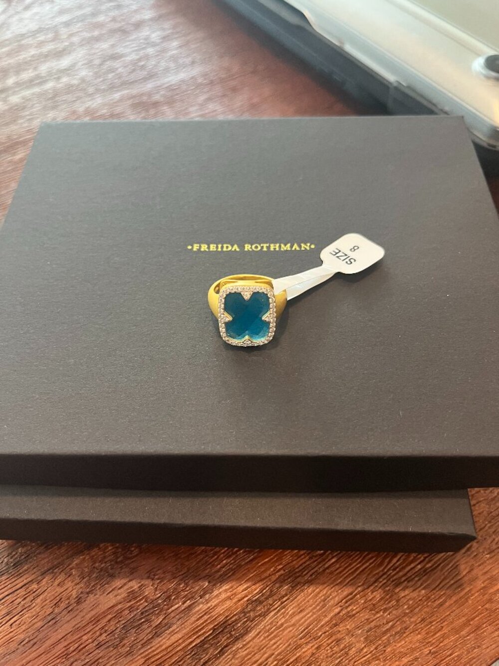 Freida Rothman Blue Faceted Stone with CZ Halo Ring NWT Size 8 - Picture 3 of 15